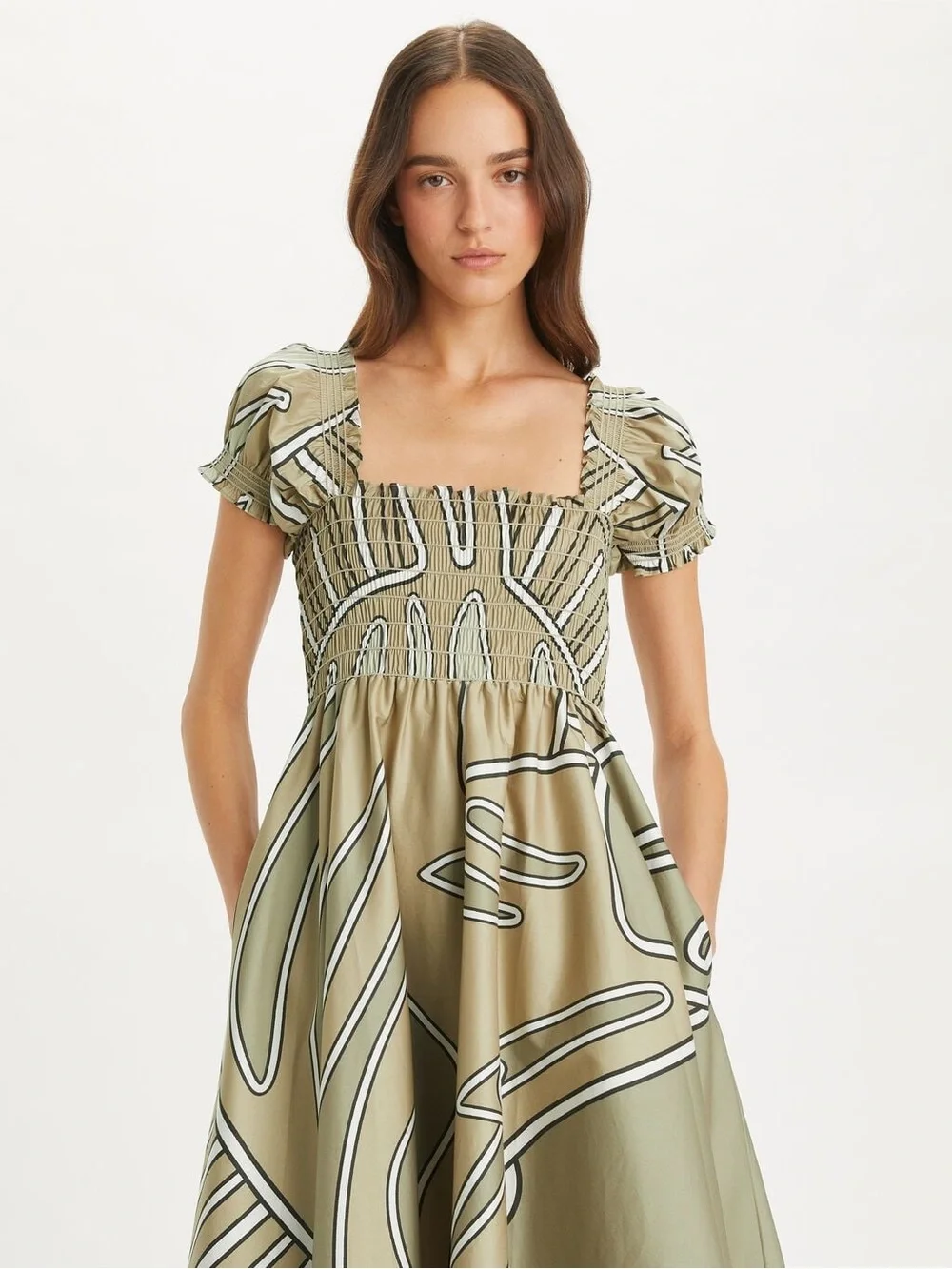 New Tory Burch Print Smocked Cotton Dress